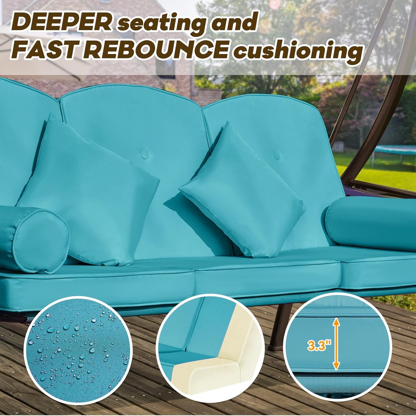 3 in 1 Outdoor Porch Swing with Adjustable Canopy, 3 Seat Outdoor Swing for Adults, Patio Swing Chair with Thickened Cushions,Pillows & Cup Holders for Backyard, Porch, Garden (Lake Blue)