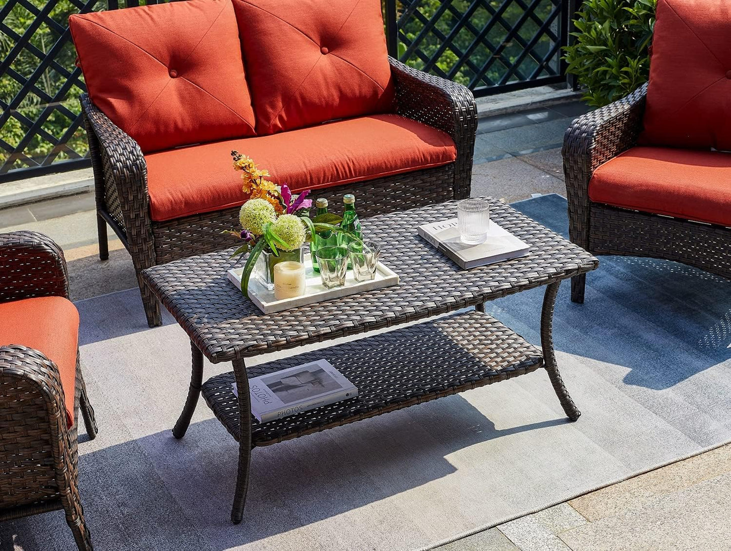 Patio Tables Outdoor Coffee Table - Wicker Rattan Coffee Tables with 2-Tier Storage Shelf Side Table for Porch Deck Balcony Garden Outside Rectangle Brown