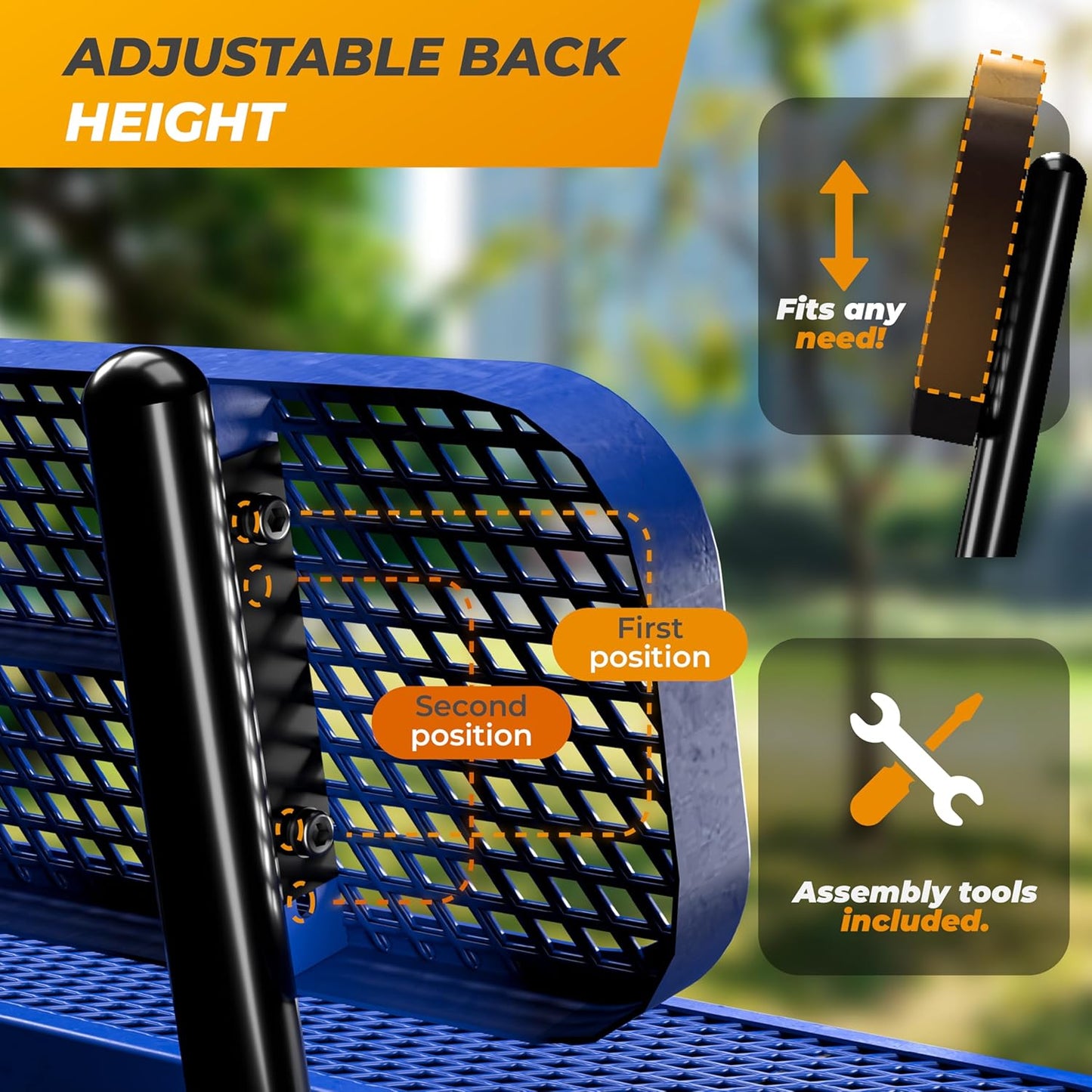 Heavy-Duty Outdoor Metal Bench, Thermoplastic-Coated, Portable, Weatherproof, Commercial-Grade for Parks, Gardens, Patios, Stores & More (4 Ft - Portable with Back, Blue)