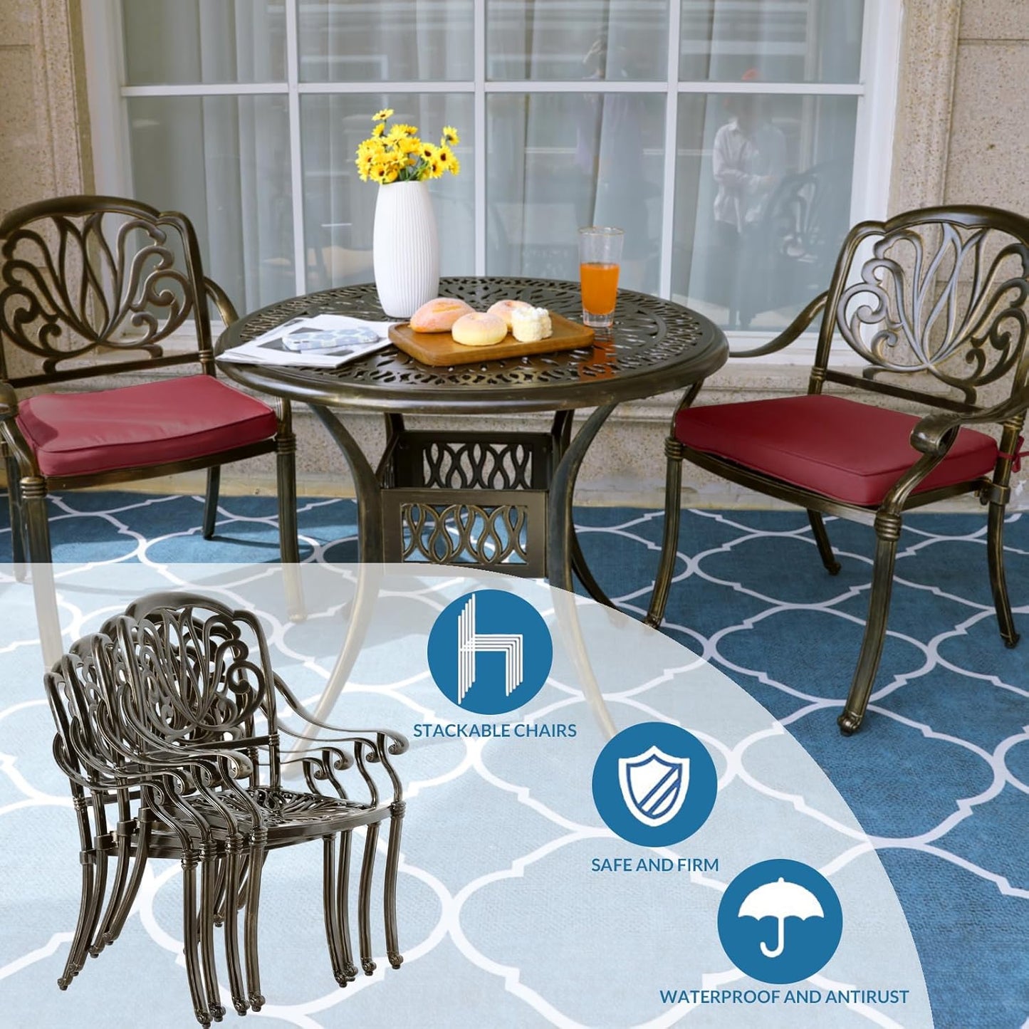 MEETWARM 3 Piece Patio Bistro Set, Outdoor All-Weather Cast Aluminum Dining Furniture Set Includes 2 Cushioned Chairs and a 35.4” Round Table with Umbrella Hole for Garden Deck, Chili Red