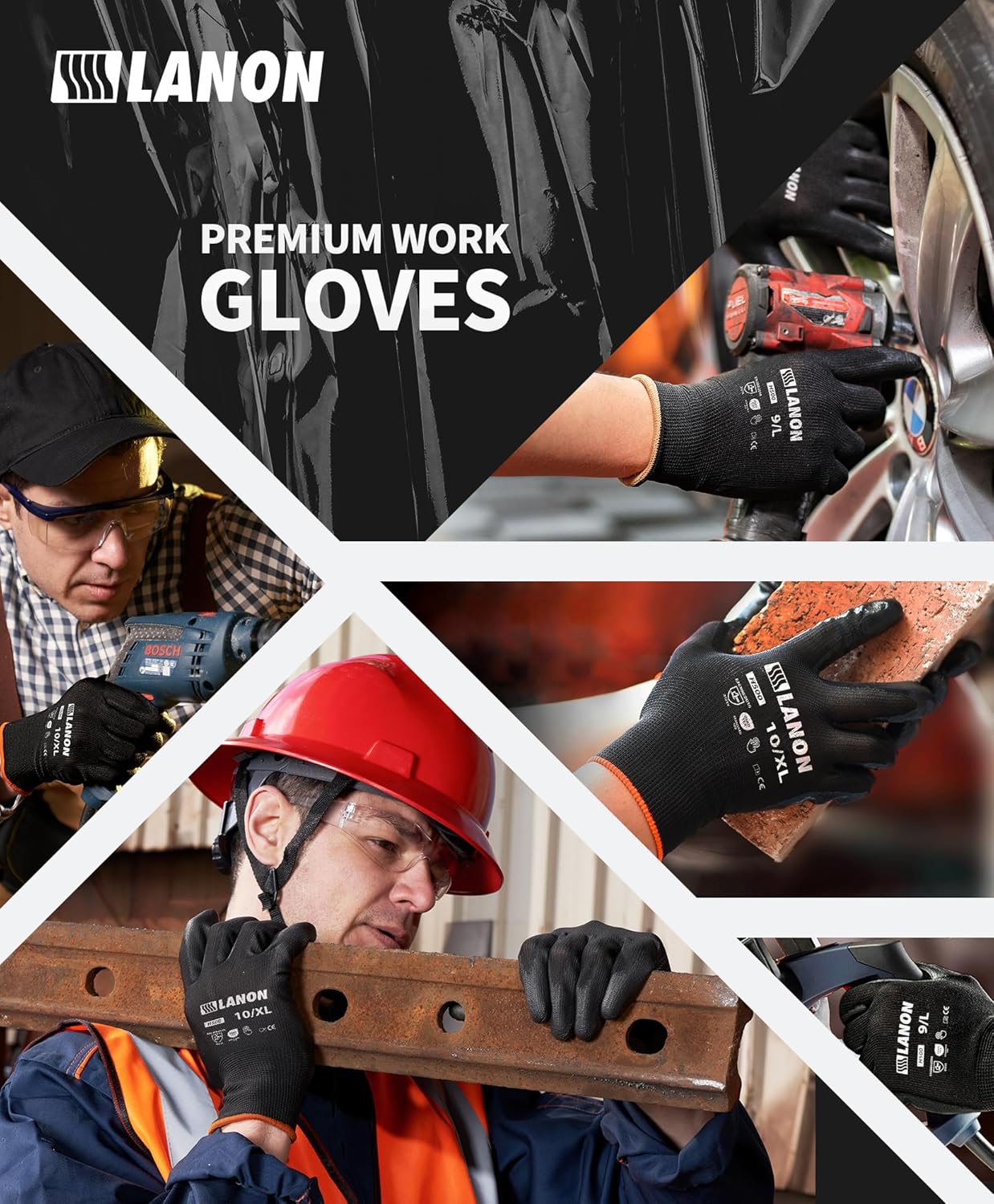 LANON Safety Work Gloves for Men and Women, 18 Pairs Mechanic Black Working Gloves with Grip Odorless PU Coated, Seamless Knit, Full Fingertip Touchscreen for Light Duty Working Gloves, Small