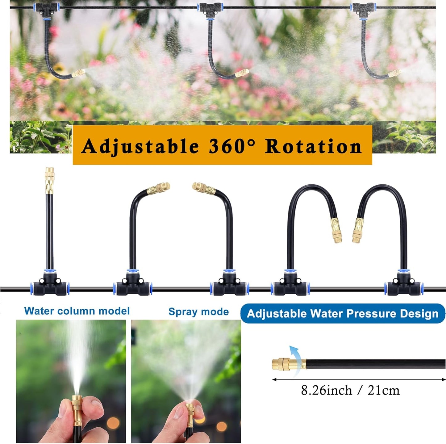 Mornajina Automatic Drip Irrigation Kits Garden Irrigation System, Includes Calcium Inhibitor Filter & 66FT 5/16 inch Irrigation Tubing Hose & 20Pcs 360° Bending Dropper Atomizing Mist Nozzles Tee