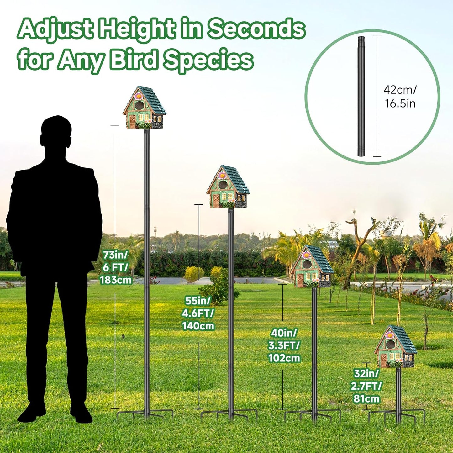Smart Bird Feeder Pole-Heavy Duty Adjustable 3-6.6ft Universal Birdhouse Stand Mount for Backyard&Outdoor Bird Houses/Cameras (80'Pole)