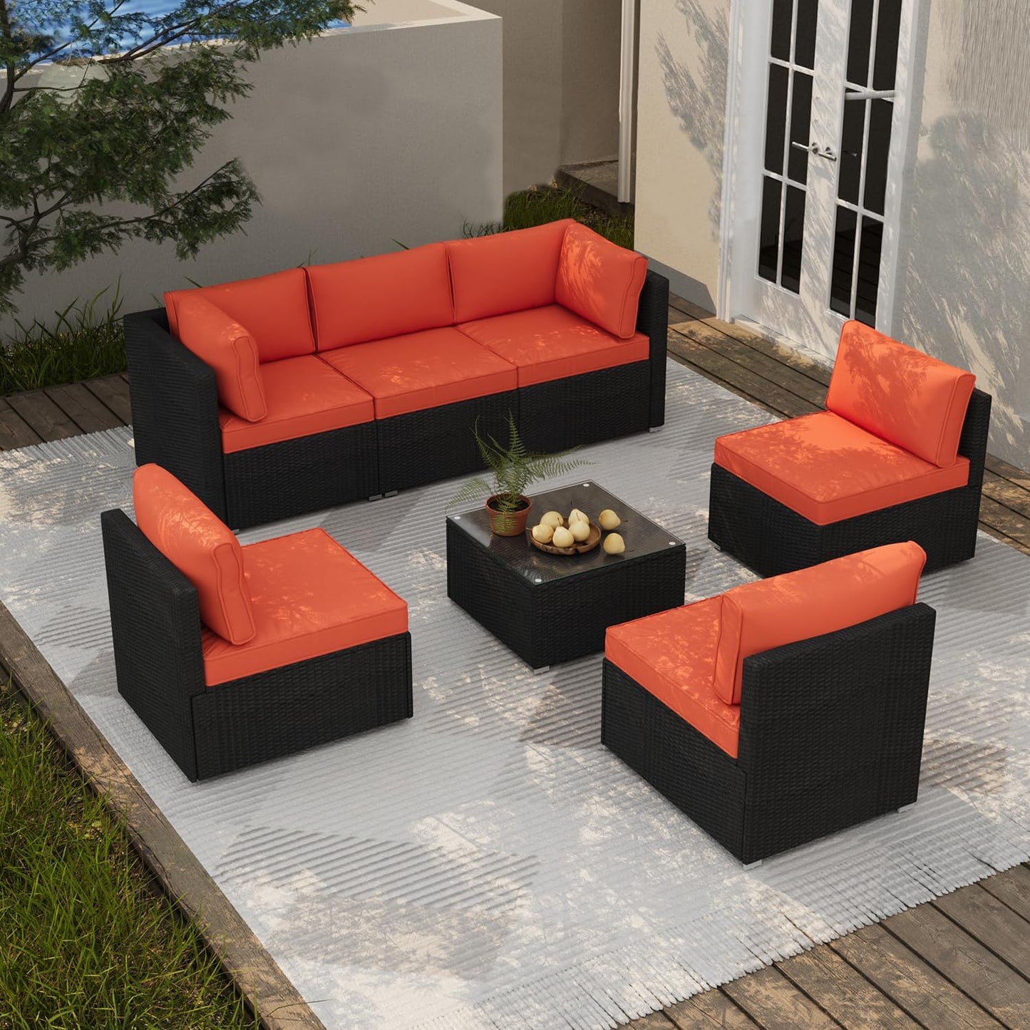 7 Piece Patio Furniture Set, Outdoor Couch Set—All-Weather Outdoor Furniture Sectional w Water Resistant Thick Cushions, Patio Sofa Set w 2 Extra Pillows and Coffee Table, Orange/Black