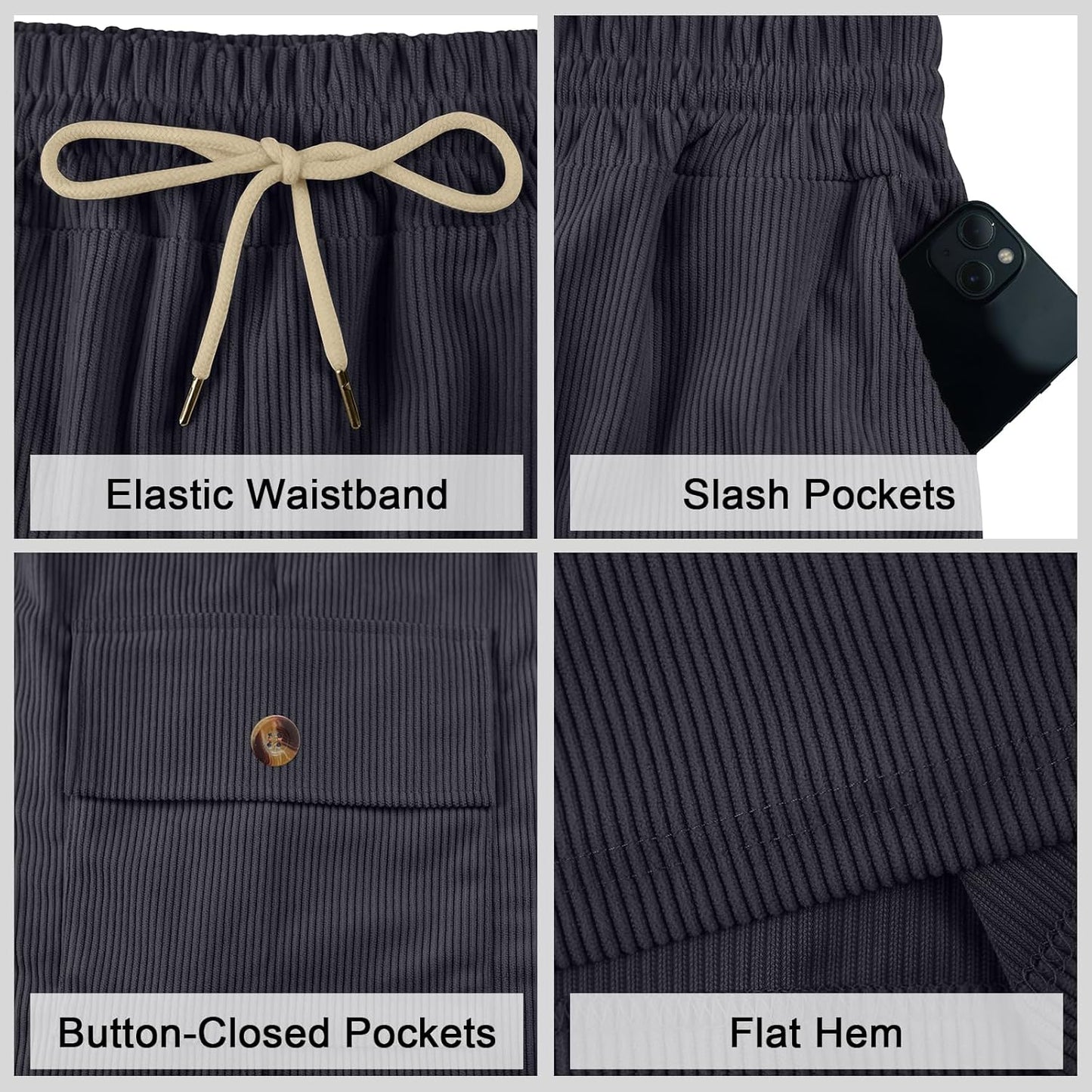 Mens Cargo Shorts Casual Drawstring Elastic Waist Corduroy Summer Beach Shorts with Pockets