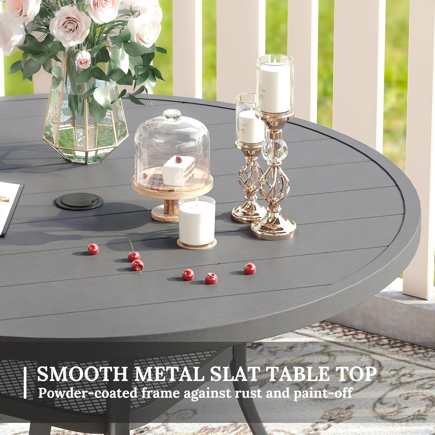 VICLLAX 41.2"x 28" Outdoor Round Patio Table for Lawn Garden, All Weather Metal Round Patio Dining Table with Adjustable Umbrella Hole, Patio Table for 4 Person, Grey Tabletop