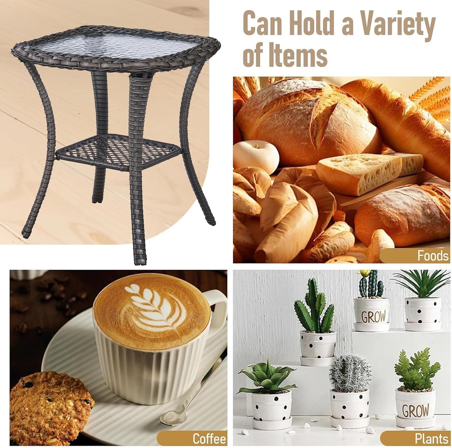 Outdoor Side Tables for Patio, Wicker/Rattan End Tables, Outdoor Wicker Side Table, Grey Rattan Glass Top Patio Side Table