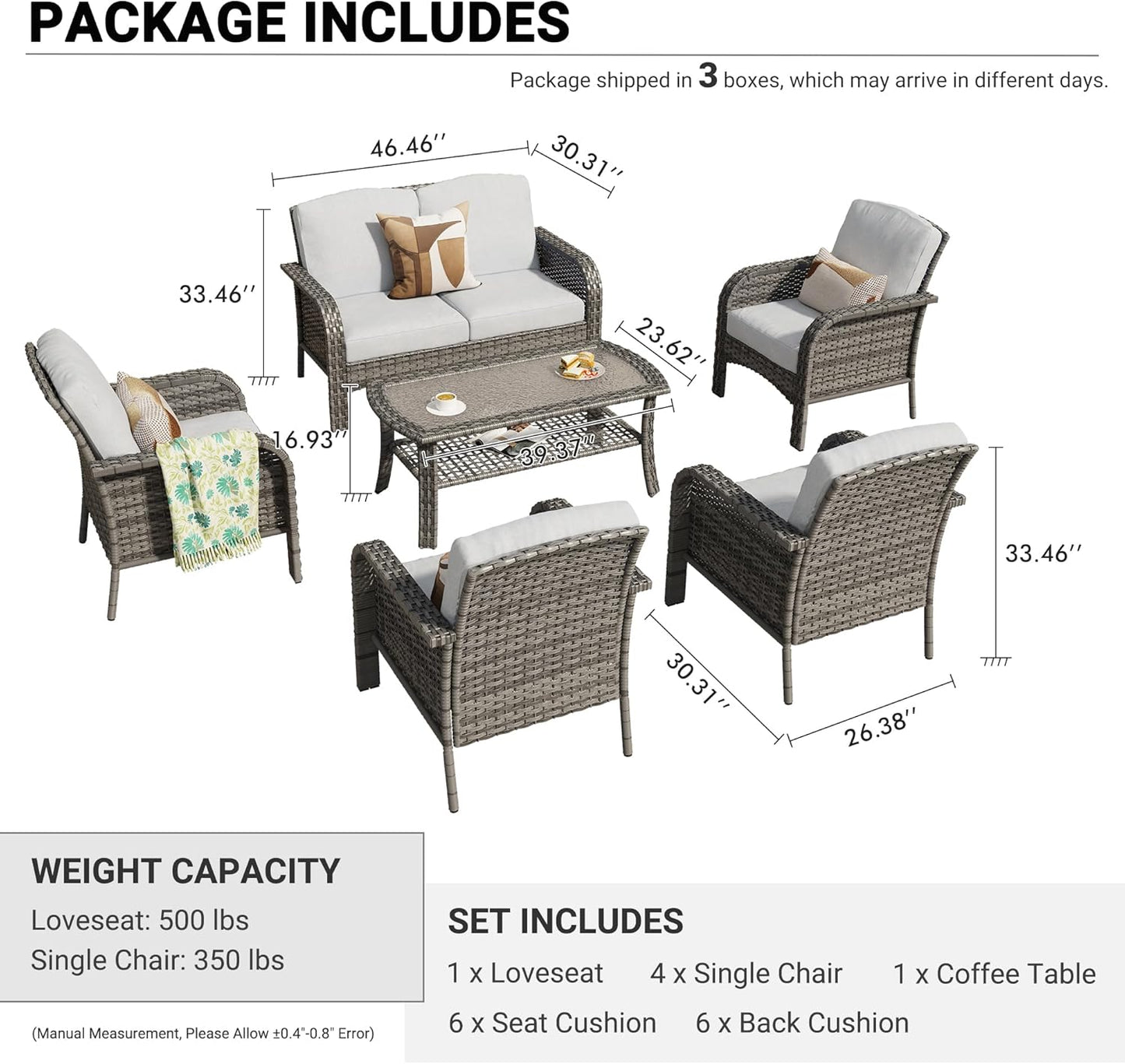 HOOOWOOO Patio Furniture Set,6 Pieces Outdoor Conversation Set,All Weather Wicker Loveseat Sofa Set with High Back Chairs Table,Light Gray