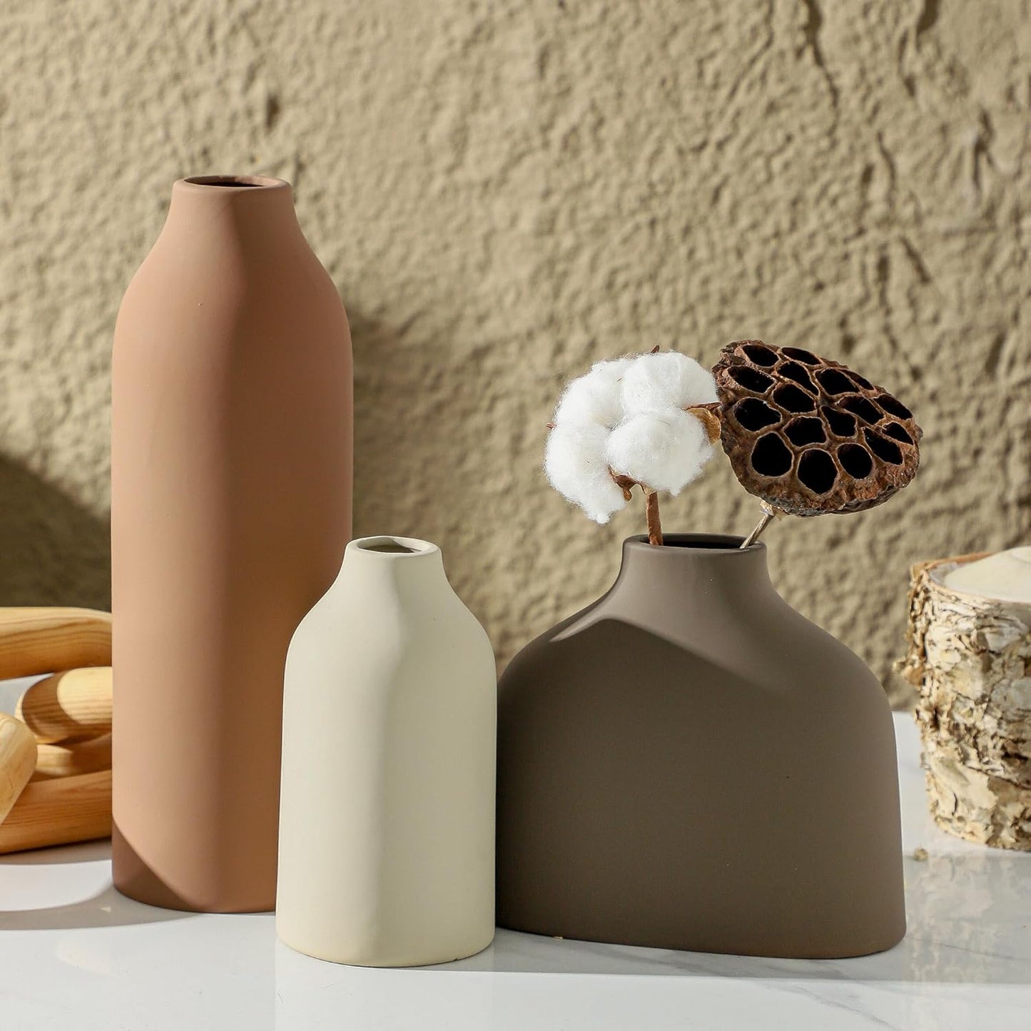 Ceramic Vase Set of 3,Flower Vase Home Decor,Rustic Modern Farmhouse Decor Pottery Vases, Pampas Grass Dried Fresh Flowers,Bedroom,Living Room,Bookshelf Decoration, Centerpiece Table Decor,Boho Decor.