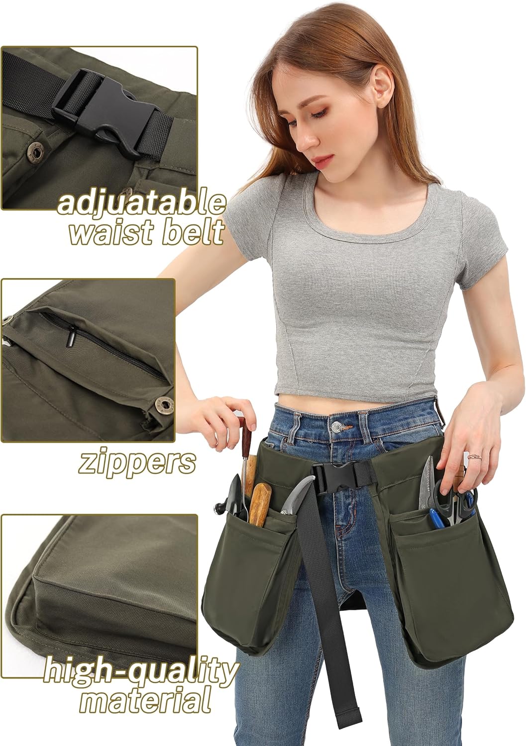 C-ZOFEK Multi-pocket Waist Belt Apron Bag for Women/Men, Garden Tools for Gardener, Green