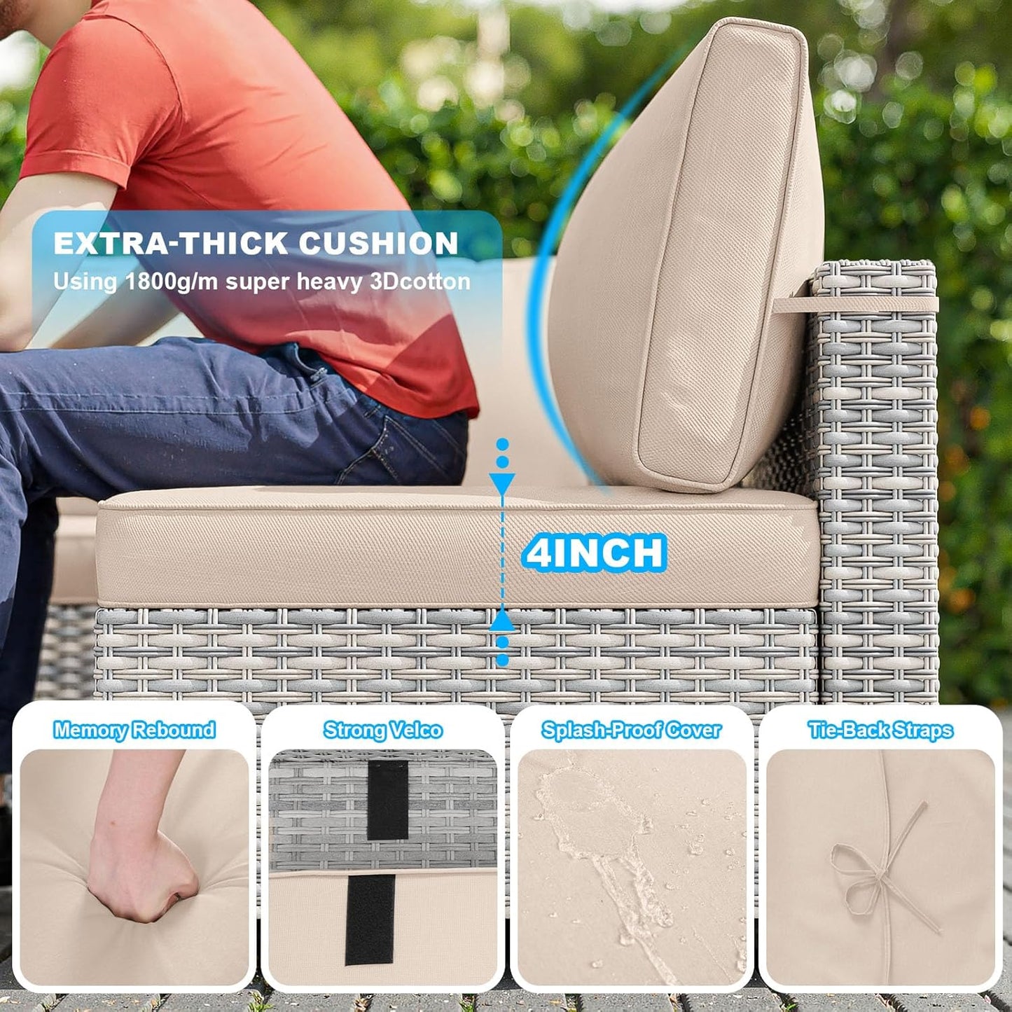 13-Piece Patio Furniture Set, Outdoor Patio Furniture with Swivel Chairs Set, Ottomans, 55,000 BTU Fire Pit Table, Modular Patio Sofa, Dual-Strand Wicker Rattan, Rust-Resistant Frame, Khaki