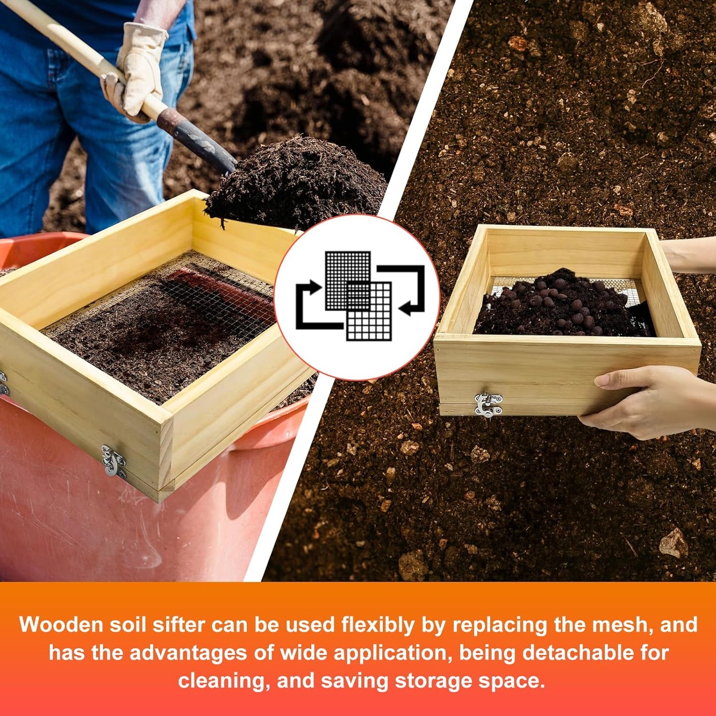 Soil Sifter 13.8"x10.2" for Garden: Wooden Dirt Sifter Replaceable Iron Mesh(0.25" & 0.47"), Multipurpose Handheld Compost Rock Sifter for Flowers, Fruit, Vegetable Plant Pots Gardening Tools