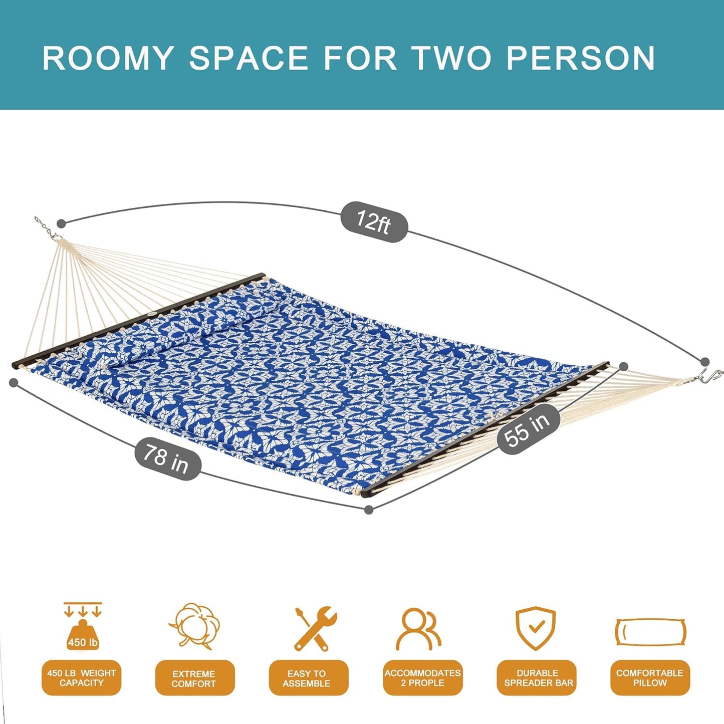 Lazy Daze Quilted Fabric Hammock with Spreader Bar, 2-Person Double Hammock for Outside Patio Poolside Backyard Beach, 450 lbs Capacity, QF48