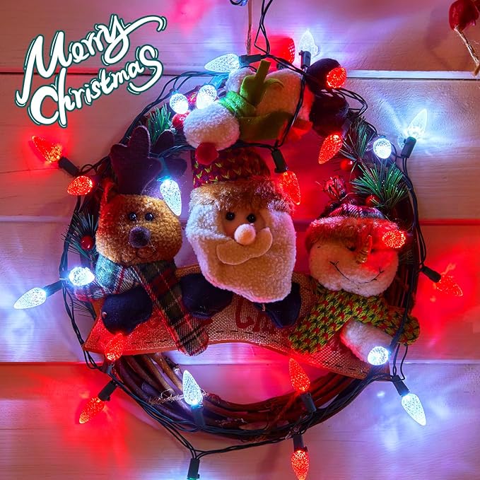 Brightown C6 LED Christmas String Lights - 2 Pack Each 20ft 60LED Battery Operated Strawberry String Lights with Timer and 8 Light Modes for Christmas Trees Wreaths, Indoor Xmas Decor, Red and White