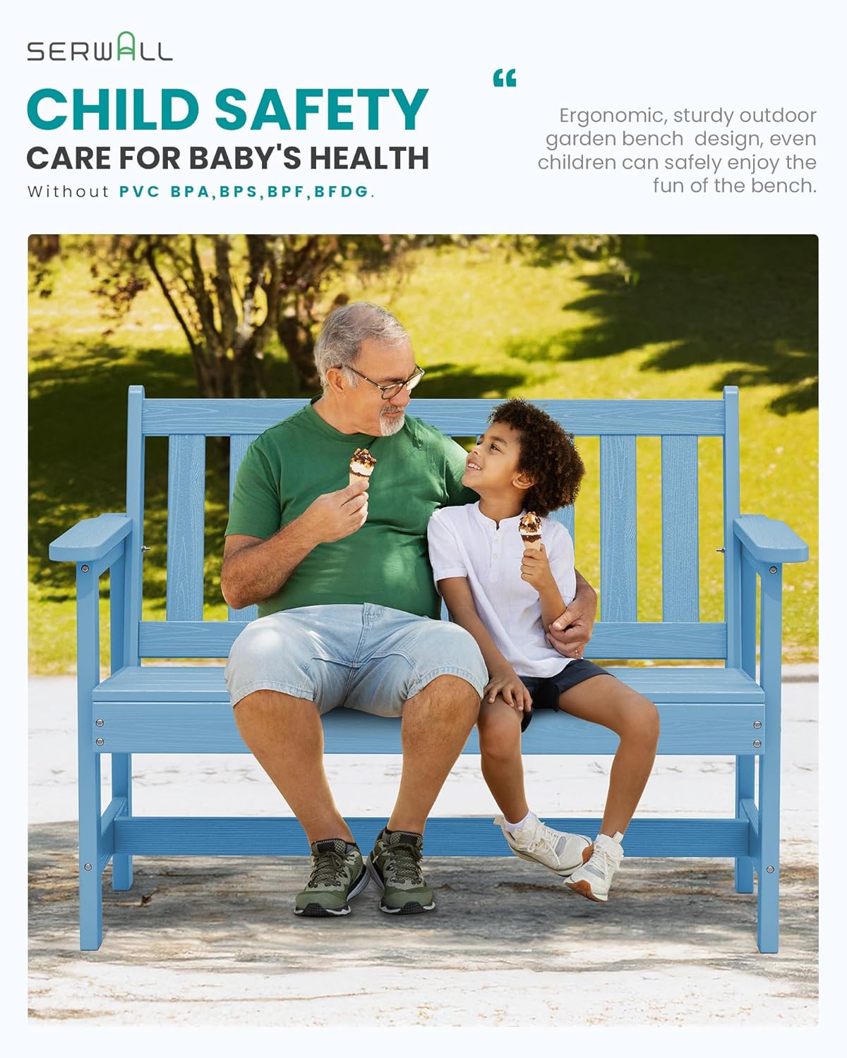 SERWALL Outdoor Bench, HDPE Outdoor Benches Weatherproof, 2-Person Garden Bench with 660 lbs Weight Capacity, Patio Benches for Outdoors, Garden, Porch, Backyard and Park, Light Blue