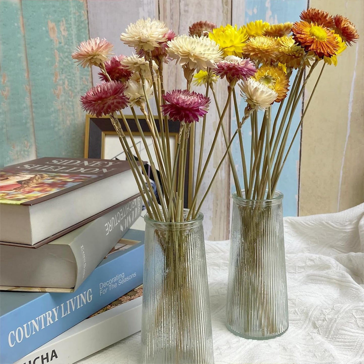 L'BREVOGA Dried Flower Bouquets,16 pcs 100% Natural Daisy Strawflower for Decoration Home Party - Yellow & Champagne