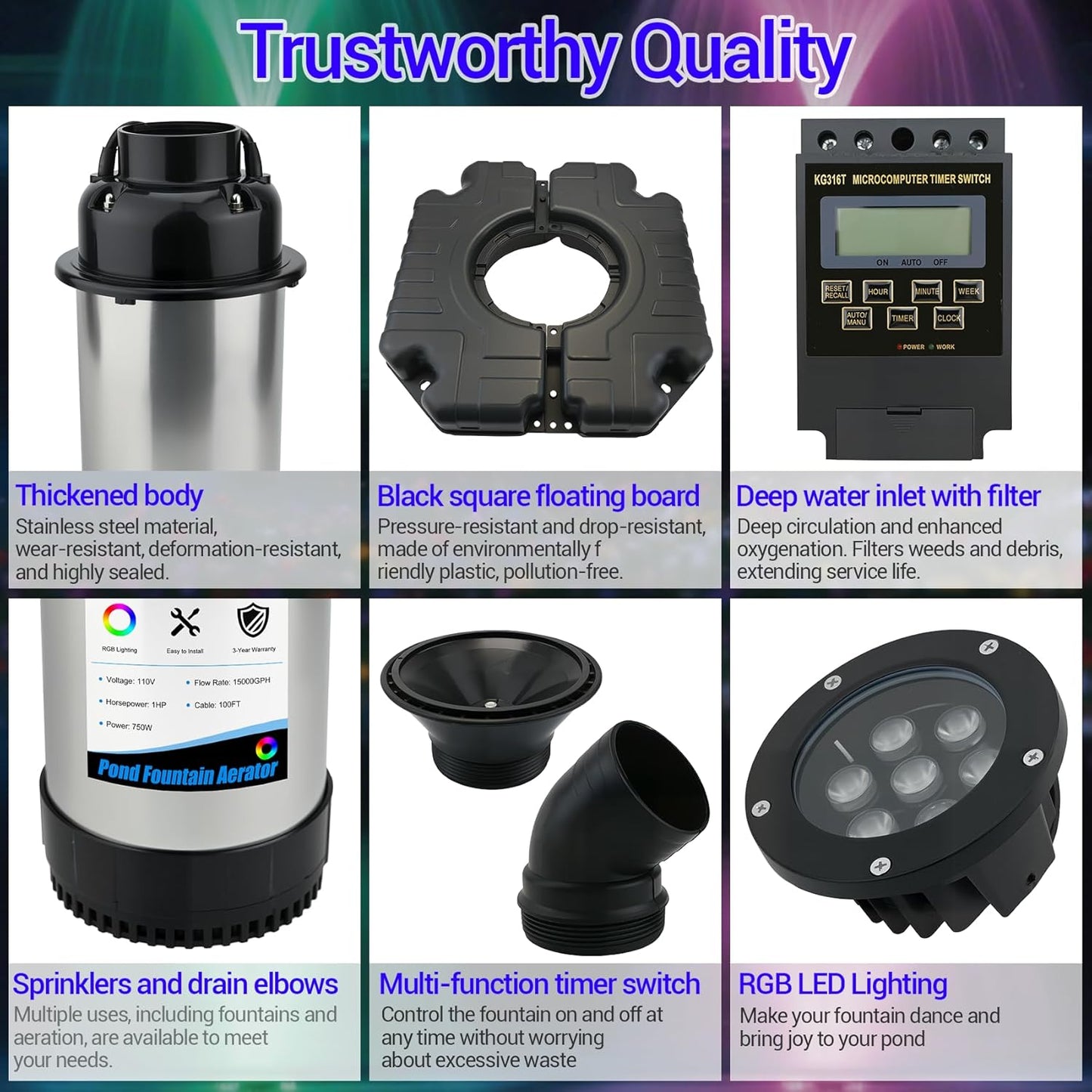 Pond Fountain Aerator with Light RGB LED, 1HP 750W Floating Fountain System for Outdoor Pond Lake, 110V 15000 GPH Fully Automatic Stainless Steel Fountain Pump with 4 LED Lights 100 Feet Power Cord