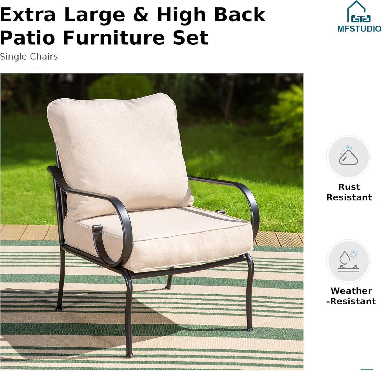 MFSTUDIO 7 Seats Large Metal Patio Conversation Sets, 6 Pieces Outdoor Furniture Sofa with 2 Motion Chairs, 2 Fixed Chairs, 1 Sofa(3-seat) and Table for Outside Balcony Backyard Poolside