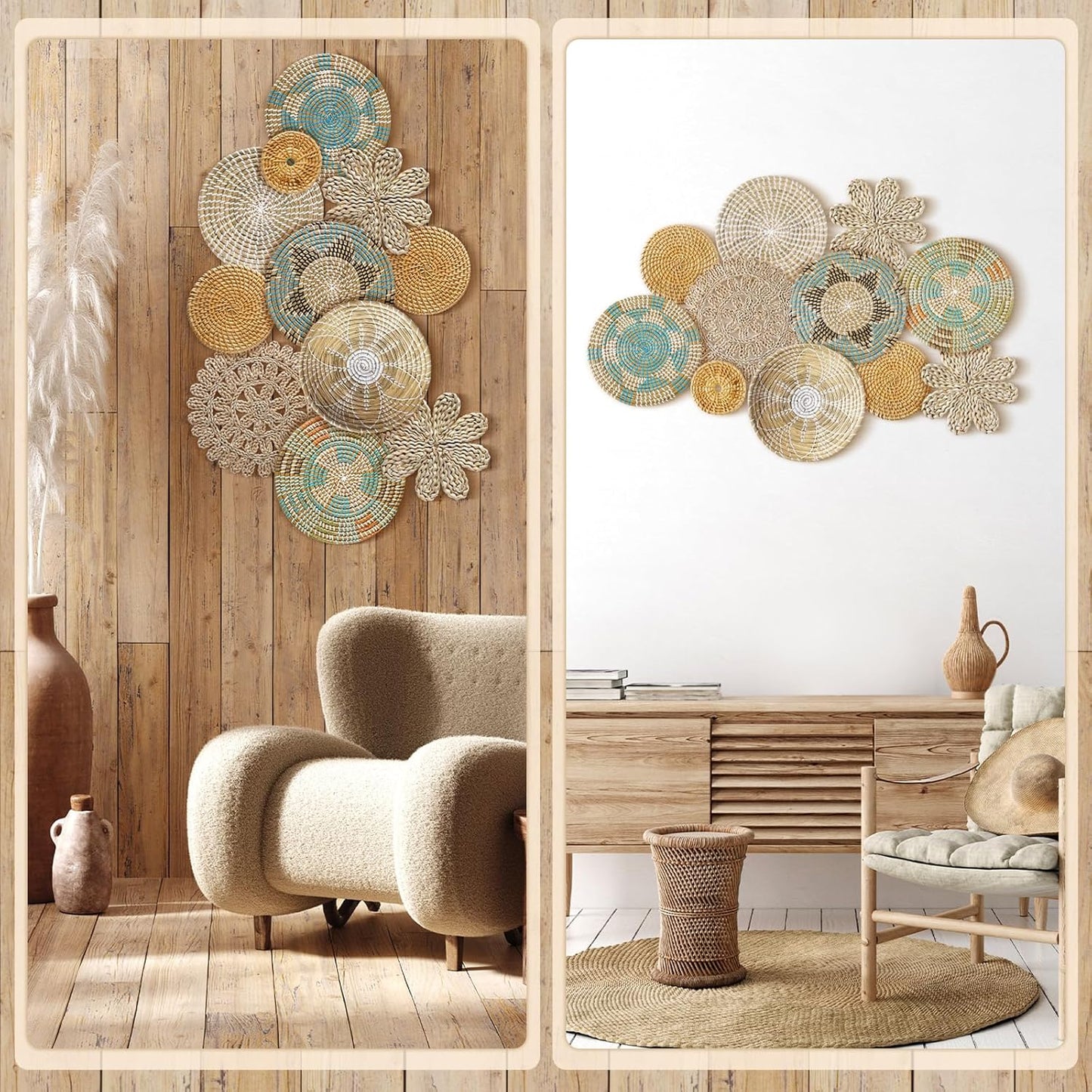 Xuhal 11 Pcs Boho Hanging Wall Basket Decor Handmade Woven Basket Wall Decorative Boho Wicker Baskets Placemats Round Farmhouse Bulrush Art for Rustic Home Decorations Christmas Gift(Bright)