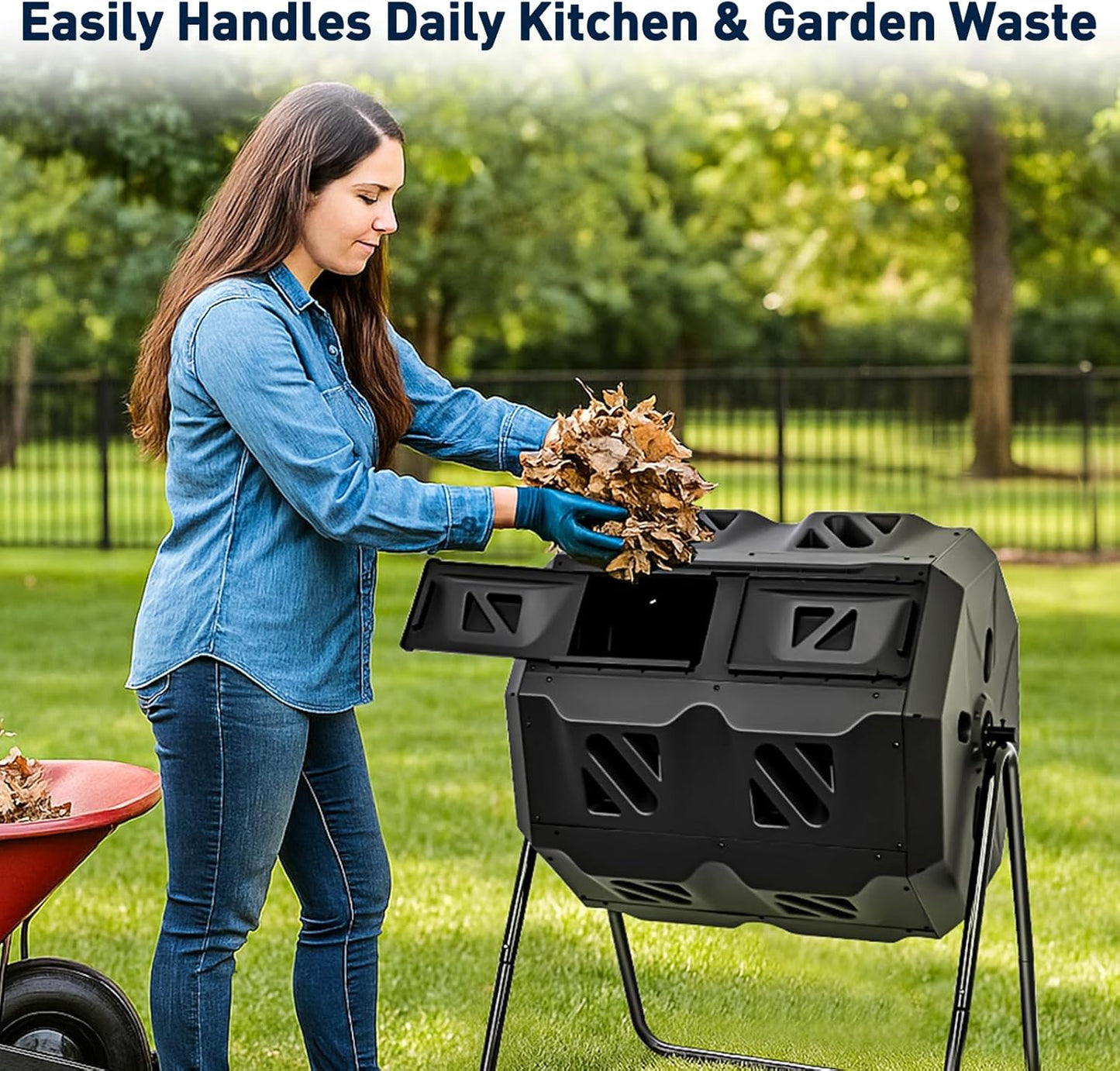 Yesker Dual Chamber Compost Bin Outdoor, 43 Gallon Rotating Tumbling Composter with Sliding Doors, Fast Assembly for Garden, Backyard & Kitchen Waste