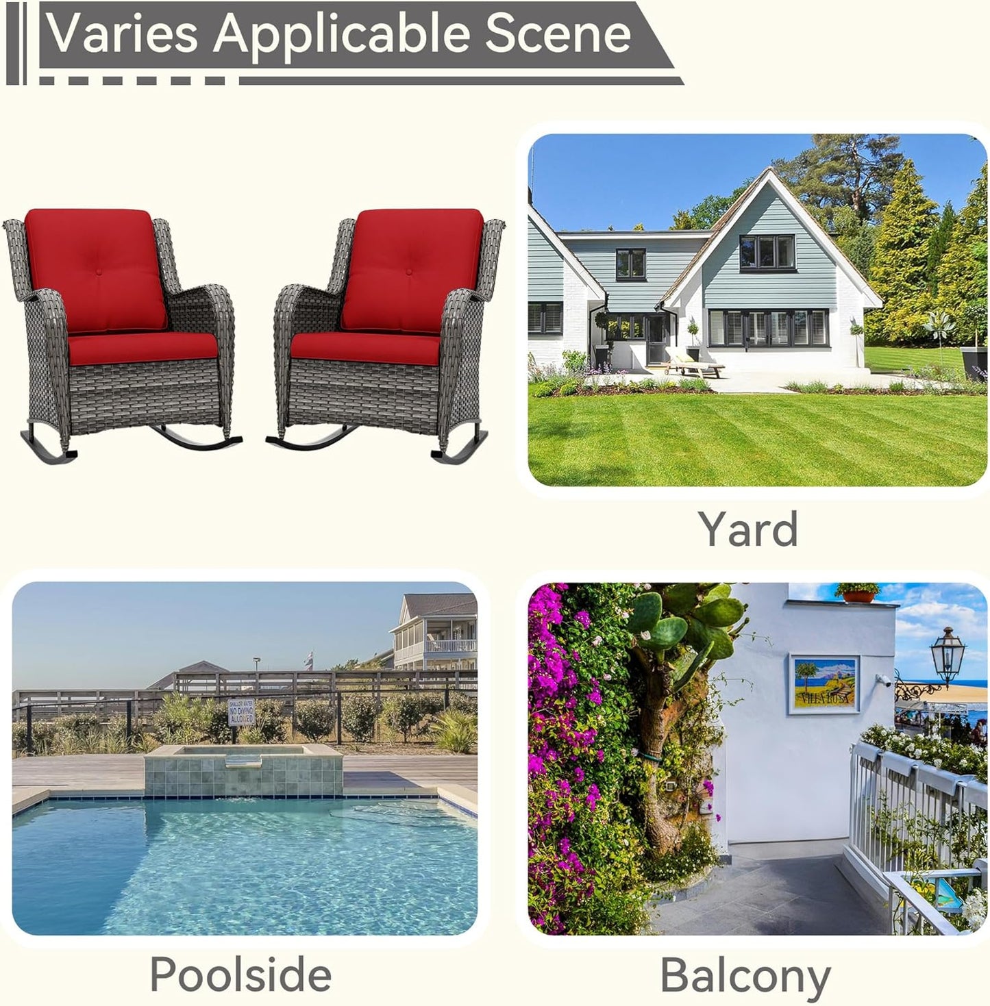 Outdoor Rocking Chair of 2, Wicker Patio Rocker Chair for Yard, Porch, Mixed Brown Grey Rattan, Red Cushions