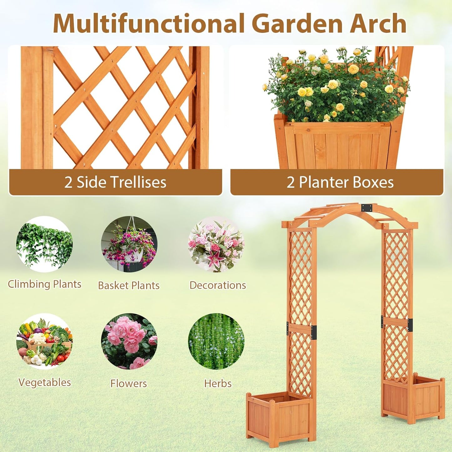 Giantex Garden Arbor with Planter Boxes, Wooden Arch with Trellis and Raised Garden Bed for Climbing Vine Plants Vegetables Herbs, Decorative Arbor Archway for Wedding, Ceremony, Party (Orange)
