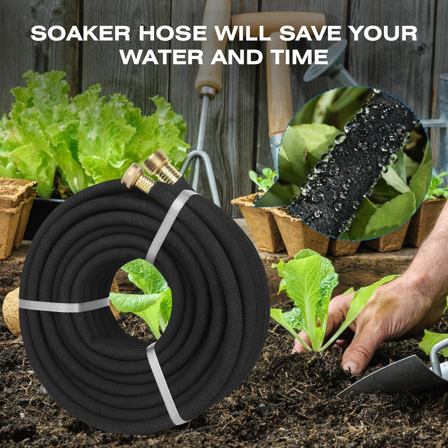 Soaker Hose 50FT Heavy Duty Rubber Saves 75% Water End Cap Included for Additional Hose Connect Great for Gardens/Flower Beds