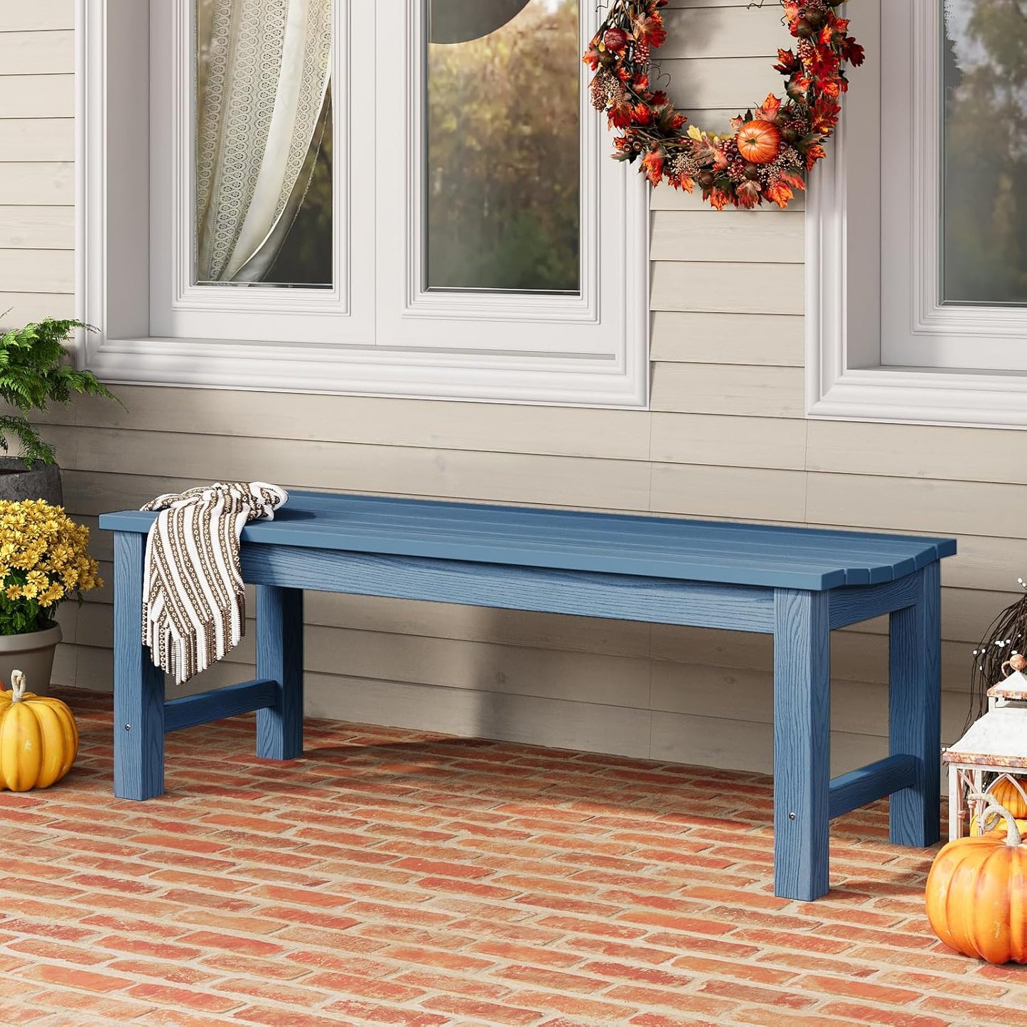 Outdoor Bench Set of 2, 2-Person Patio Backless Benches, HIPS Weatherproof Garden Bench That Never Rot and Fade, Suit for Backyard, Church, Patio, Deck and Entryway (Blue)