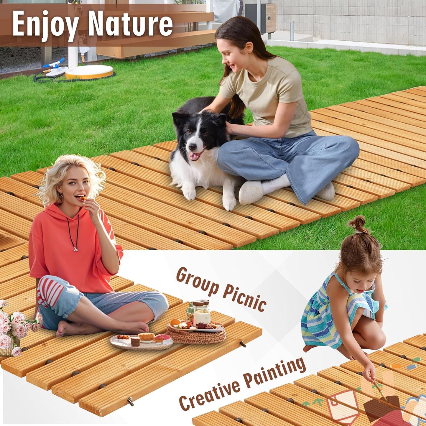 8FT Wooden Garden Pathway,Outdoor Roll Out Decorative Straight Walkway,Weather-Resistant Patio Path,Non-Slip Pavers Boardwalk for Garden, Backyard, Beach, Wedding Party Pathways