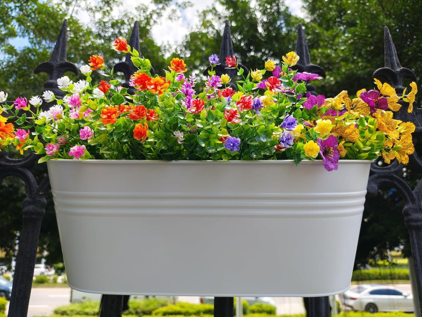 3 Pcs Large Balcony Planters Railing Hanging Flower Pots- 16.2 Inch Metal Railing Planter Box Fence Planters for Outdoor Plants with Detachable Hooks and Drain Holes for Garden Decor (White-16.2inch)