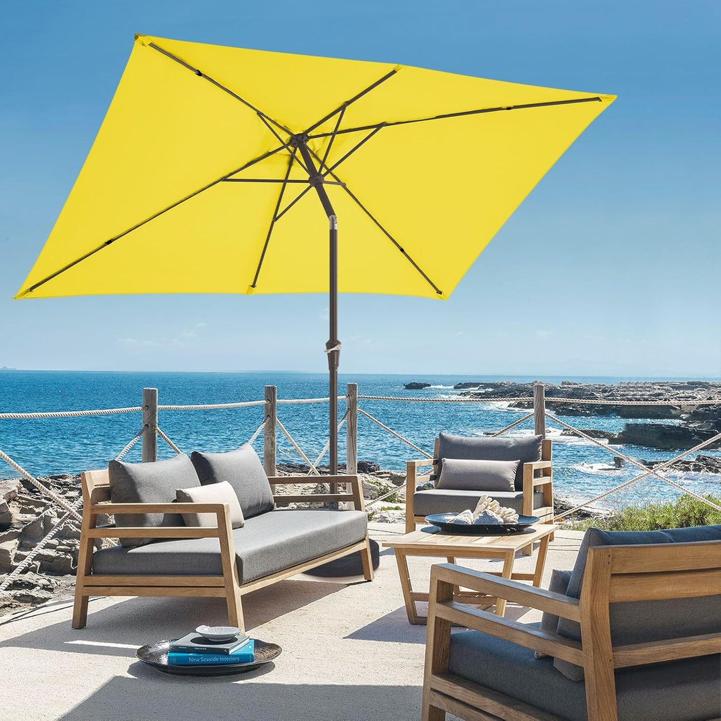 JEAREY 6.5x10 ft Rectangular Patio Umbrellas Outdoor Market Umbrella with Push Button Tilt and Crank, Rectangle Table Umbrella 6 Sturdy Ribs UV Protection for Pool Garden Backyard Deck, Yellow