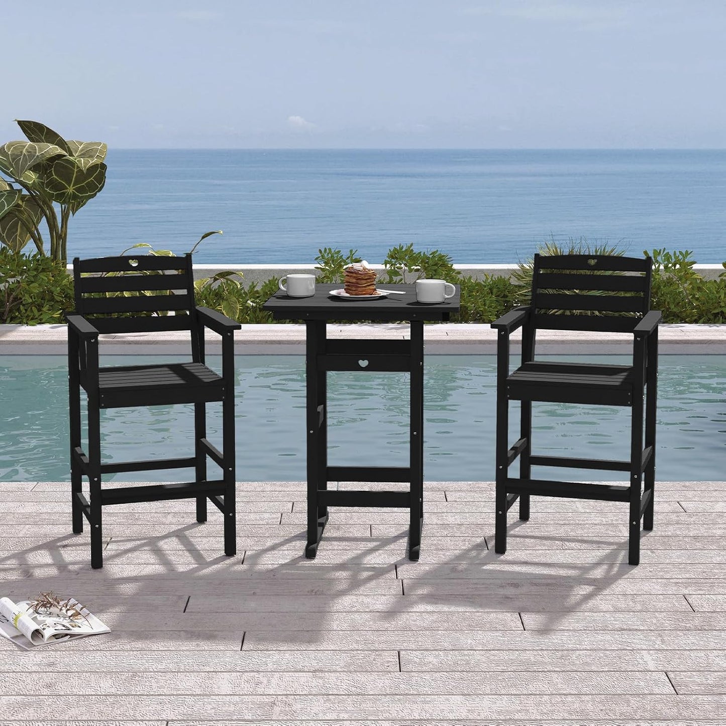 Tall Adirondack Chairs Set of 2, HDPE Wood Balcony Adirondack Chairs Set with Heart Cutout Design, Weather-Resistant Bar Height Furniture for Deck, Porch, Pool (Black)