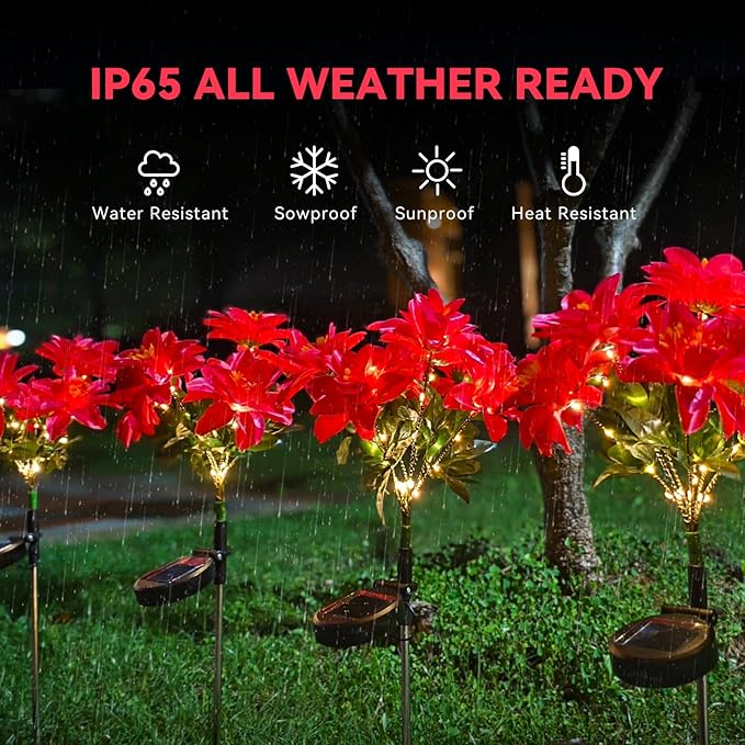 Neporal Solar Flowers Outdoor Waterproof Pink, 4PK 7-Stem Garden Solar Lights Decorative, 2 Lighting Modes, Solar Powered Garden Decor, Solar Yard Decor