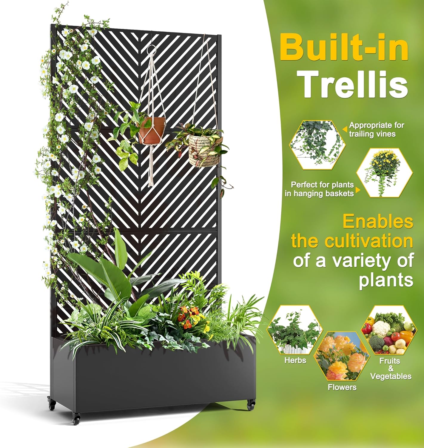 FENCY Metal Raised Garden Bed with Wheels and Trellis,73"x35"x16" Planter Box for Climbing Plants, Vegetables & Vines, Features Privacy Screen and Drainage Holes (Black-Arrow)