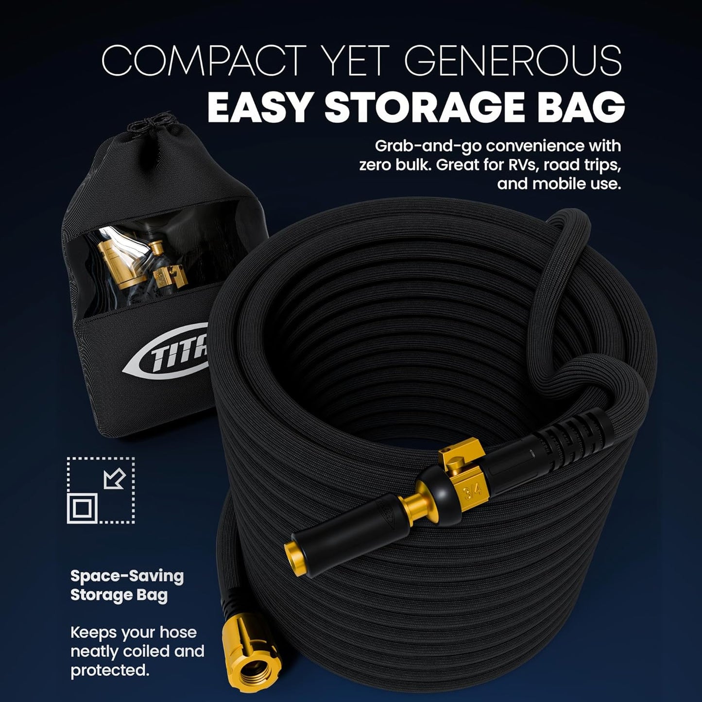 TITAN Flexible Garden Hose 100FT – Ultra Lightweight, Heavy Duty Water Hose with Brass Fittings & Jet Nozzle – Kink-Free, Non-Expanding, Durable Fabric Hose for Yard, Lawn, Car Wash, Outdoor Use