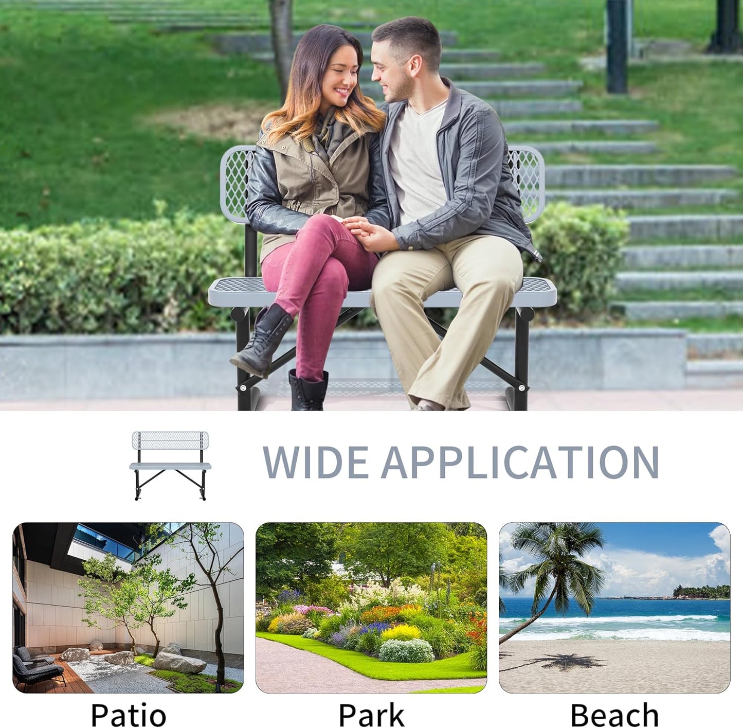 4 Feet Heavy Duty Metal Park Bench for Outside, Outdoor Bench with Backrest & Portable Frame, Commercial Benches for Shopping Malls, Stores, Parks, Patios, Decks, Grey