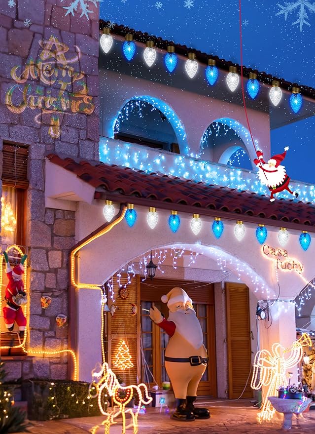 Brightown Strawberry Jumbo C9 Christmas Pathway Lights Outdoor -2 Pack Total 17 Feet 10 LED Jumbo C9 Walkway Lights, Christmas Lights Outdoor Decorations for Lawn Outside Holiday, Blue & Pure White