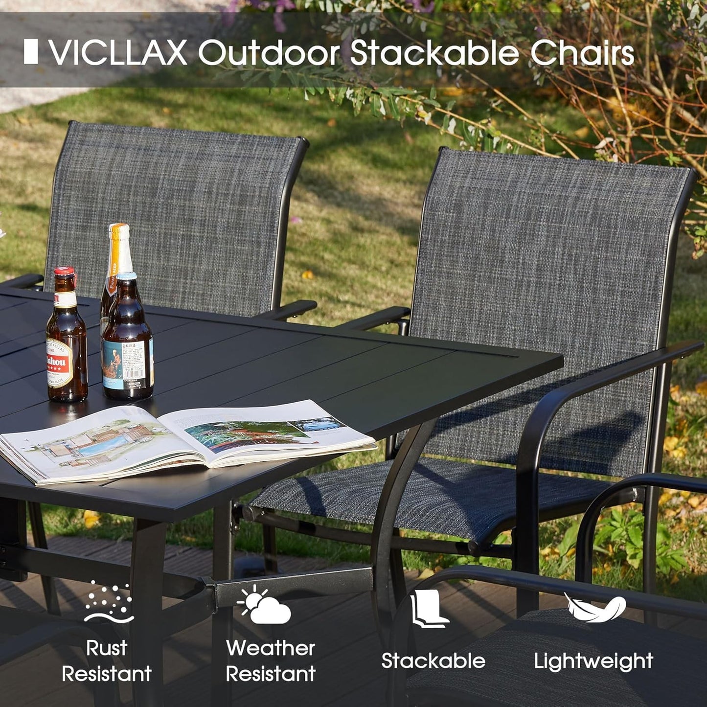 VICLLAX 5 Pieces Patio Dining Set, Outdoor Furniture Set Includes 37.8" Square Outdoor Table and 4 Stackable Patio Sling Chairs, Grey Tabletop and Grey Fabric