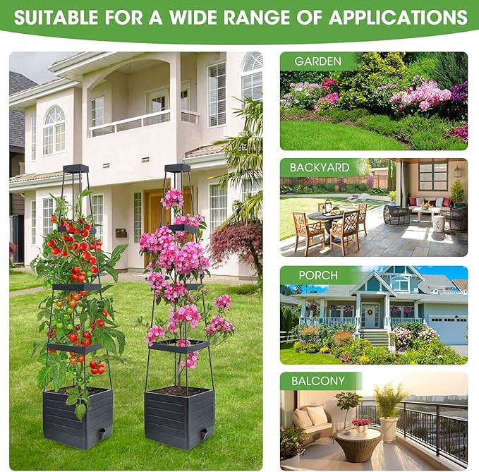 Raised Garden Bed Planter Box with Trellis, 58” Tomato Cage Planter Raised Garden Bed with Trellis for Climbing Vegetables Plants Tomato Cage w/Self-Watering, Indoor Outdoor Use (2)