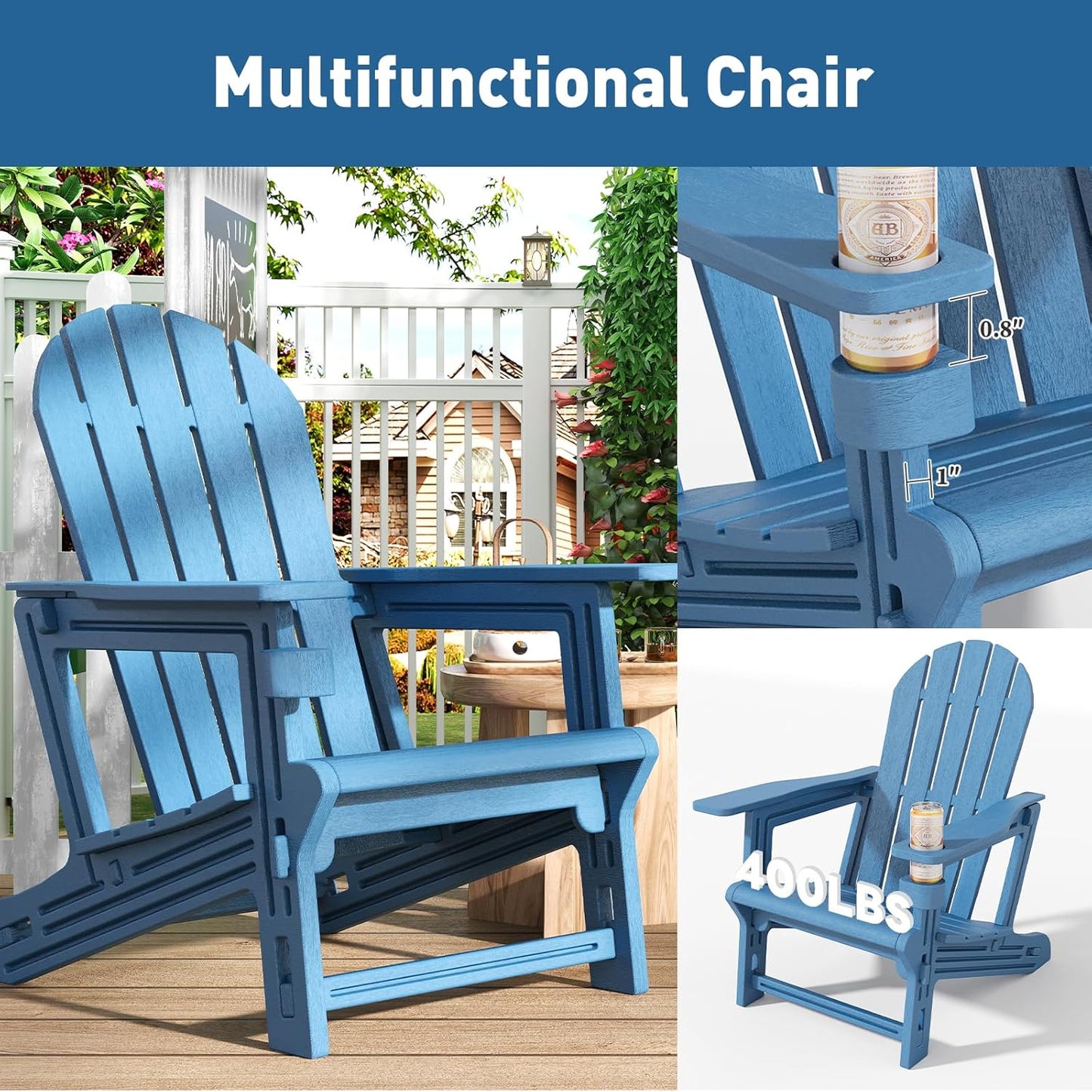 Adirondack Chairs Set of 2, Tool-Free Assembly All-Weather Plastic Adirondack Chairs, HDPE Fire Pit Chairs with Cup Holder, Outdoor Chair for Patio Garden (Blue)