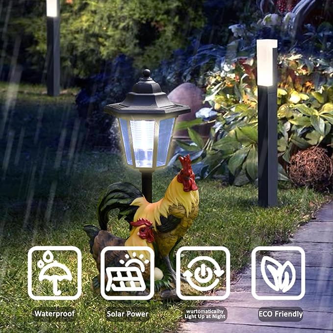 Solar Garden Outdoor Statues Rooster Hen Couple with Light, Outside-Outdoor Decorations Chicken Sculptures for Patio Yard Lawn Walkway Ornaments Clearance Gifts for Mom Grandma Birthday