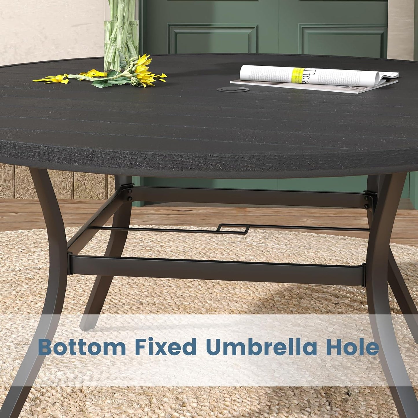 DIFY Round Outdoor Patio Dining Table for 8, 56.3" Patio Table with All-Weather Faux Wood Tabletop and Metal Steel Frame, Outside Table for Garden Porch Backyard, Black Tabletop