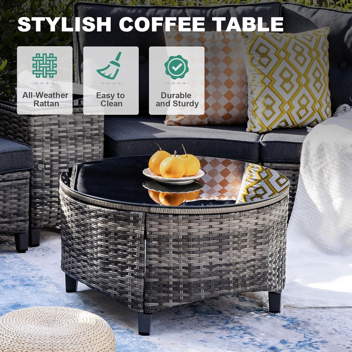 8 Piece Outdoor Patio Furniture Set, Half-Moon Curved Sectional Set with Wood Armrests, 2 Half-Moon Ottomans, Round Table (Grey)