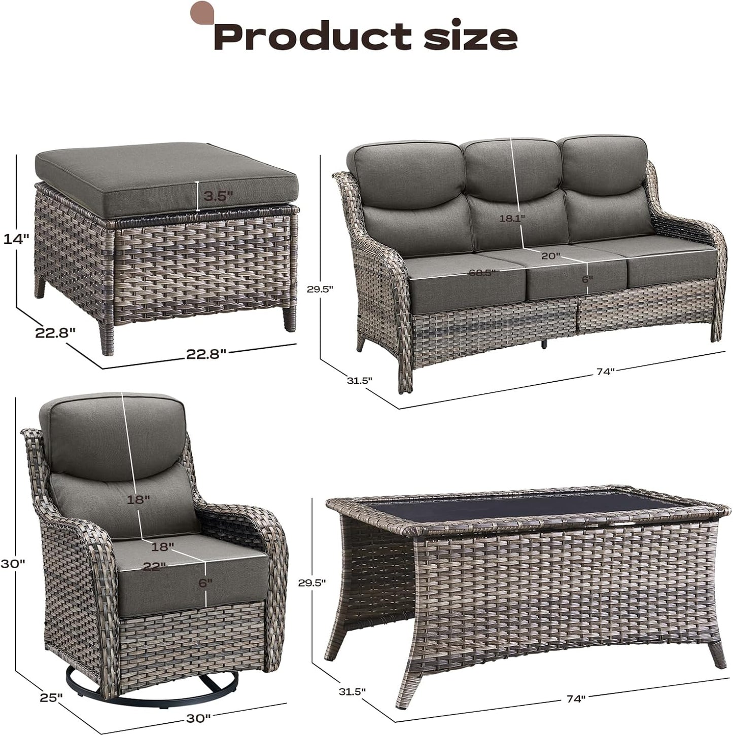 Wicker Outdoor Patio Furniture Set - 6 Piece Patio Conversation Sets with Swivel Rocker Chairs, Ottomans, Sofa and Coffee Table, 6 inch Cushions, Deep Seating, for Porch Deck Mixed Grey/Grey