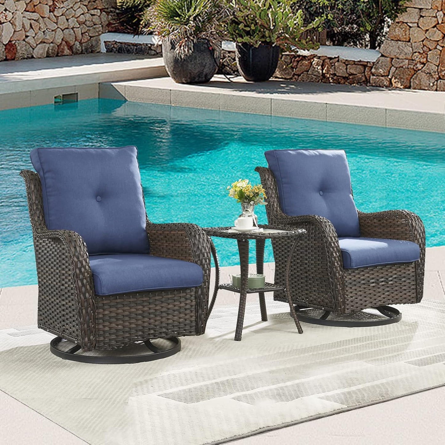Outdoor Patio Swivel Rocker Chairs - 3 Piece Patio Bistro Set,Wicker Patio Furniture Set with 2 Swivel Rocking Chairs and 1 Glass Top Side Table for Deck Porch Garden,Brown/Blue