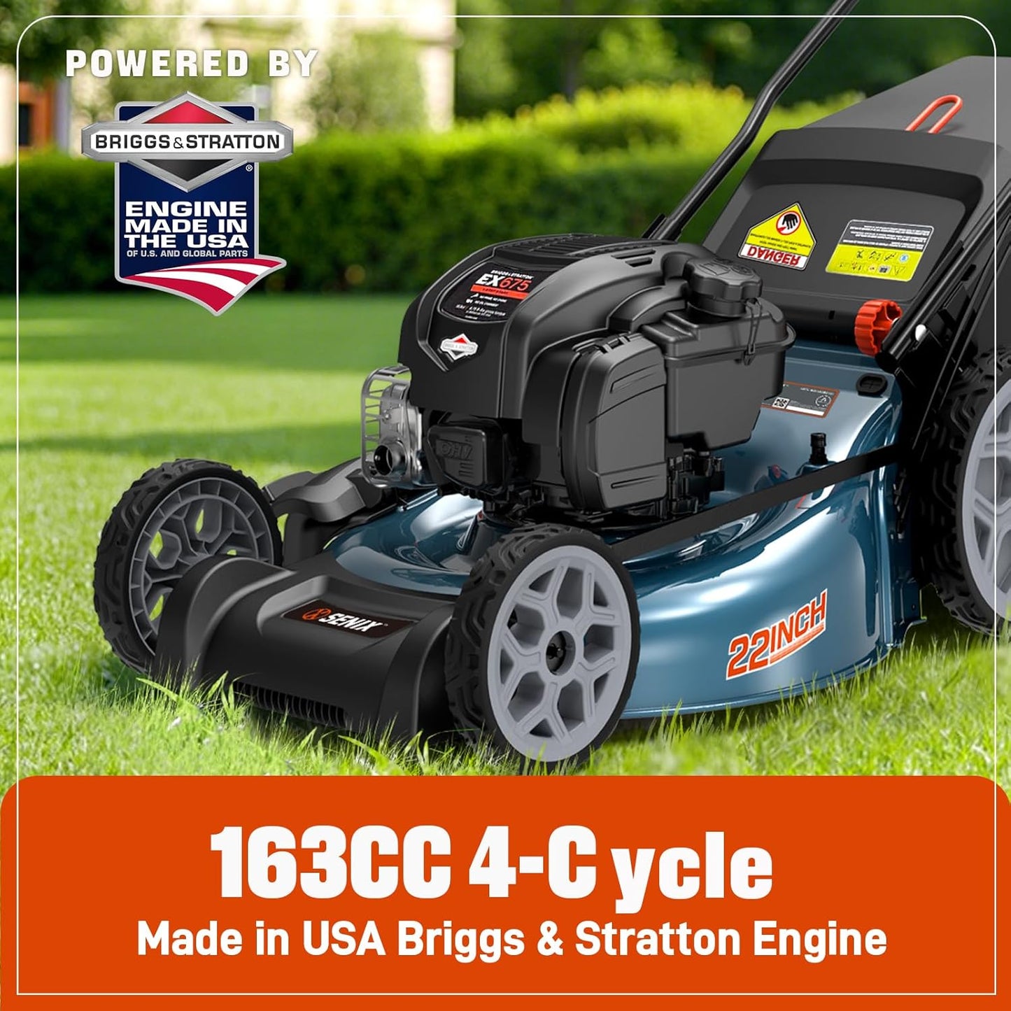 SENIX Gas Lawn Mower, 22" Self Propelled Gas Powered Lawnmower with 163cc B&S 4-Cycle Engine, 3-in-1 Walk-Behind Push Lawn Mower, 6-Position Height Adjustment