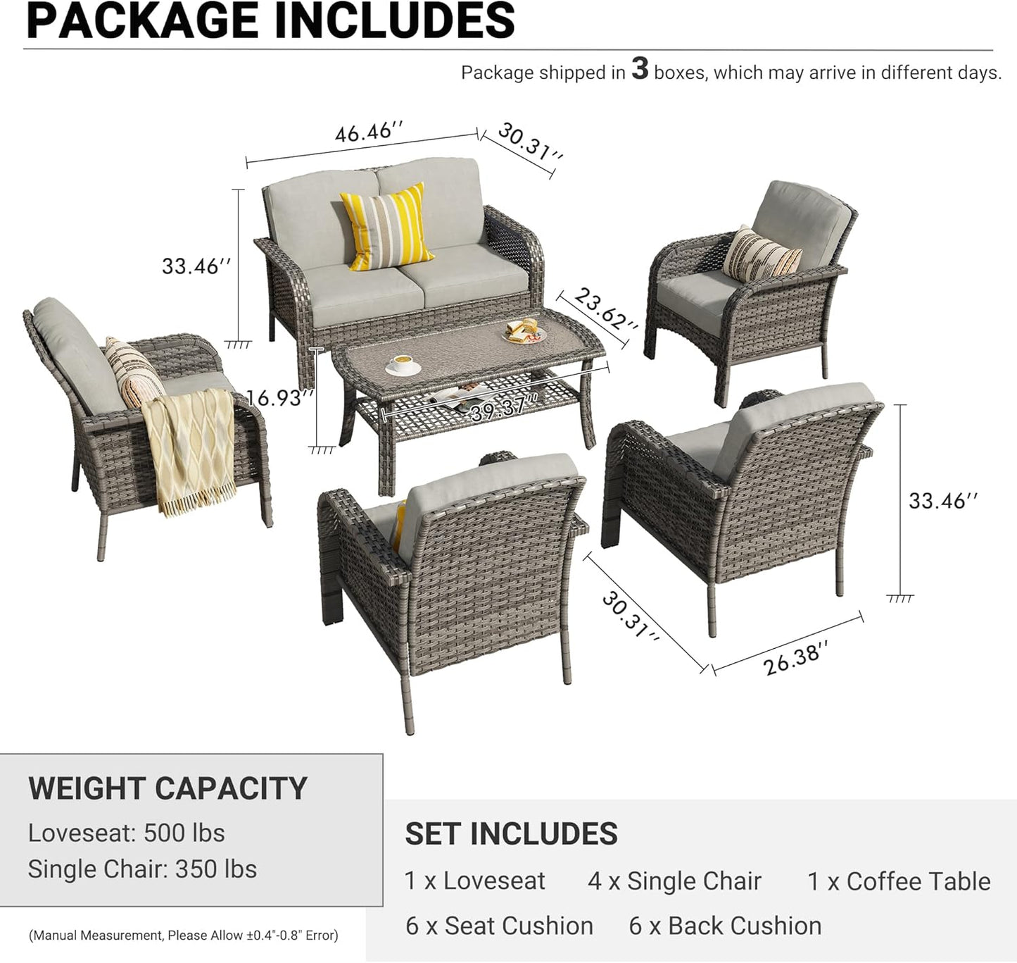HOOOWOOO Patio Furniture Set,6 Pieces Outdoor Conversation Set,All Weather Wicker Loveseat Sofa Set with High Back Chairs Table,Dark Gray