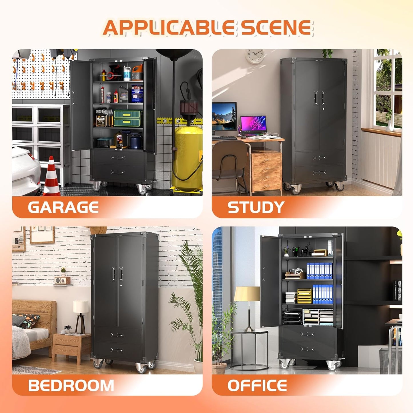 Aobabo Garage Metal Storage Cabinet with Wheels, Lockable Steel Storage Cabinet with 2 Large Drawer and 3 Adjustable Shelves, for Home, Office, Classroom, Black, Assembly Required