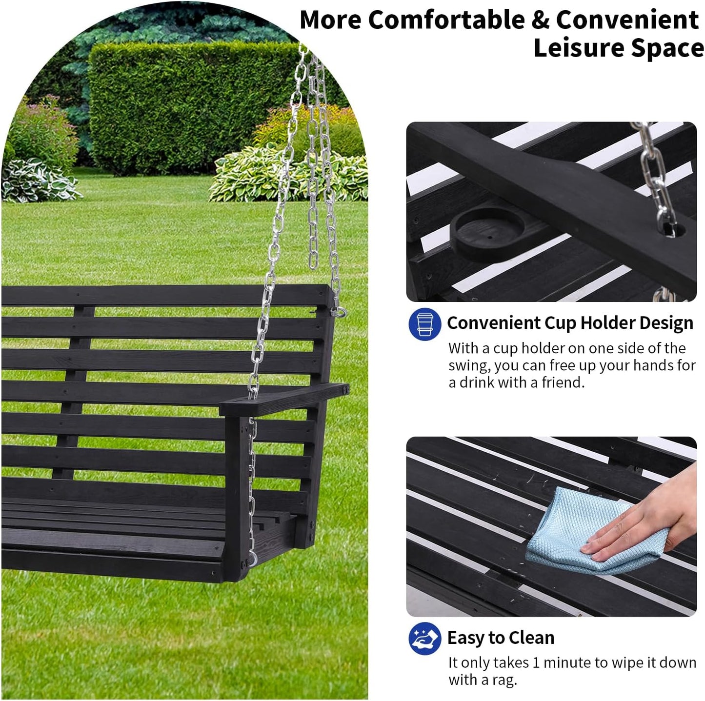 Wooden Porch Swing with Cup Holder, Outdoor Patio Swing Bench for Courtyard & Garden, Upgraded 4 FT Heavy Duty 880 LBS Porch Swing, Outdoor Swing with Hanging Chains, Black