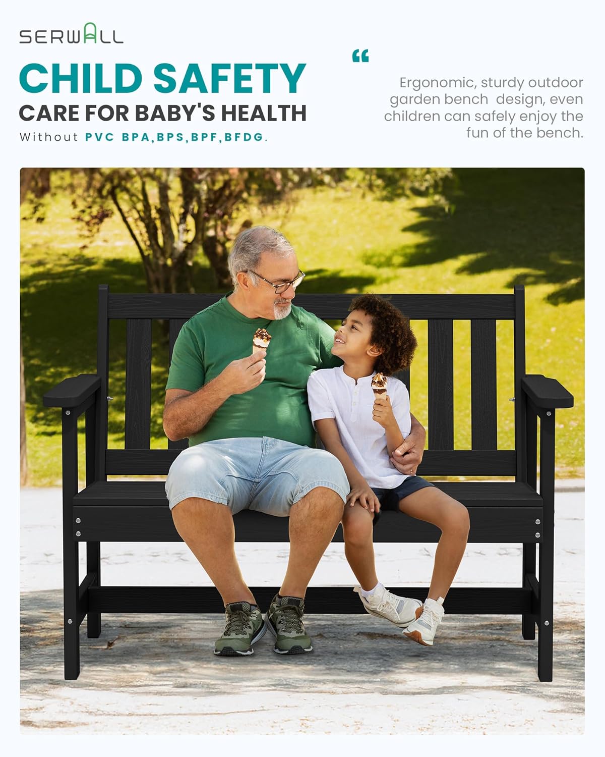 SERWALL Outdoor Bench, HDPE Outdoor Benches Weatherproof, 2-Person Garden Bench with 660 lbs Weight Capacity, Patio Benches for Outdoors, Garden, Porch, Backyard and Park, Black, 4 Pack